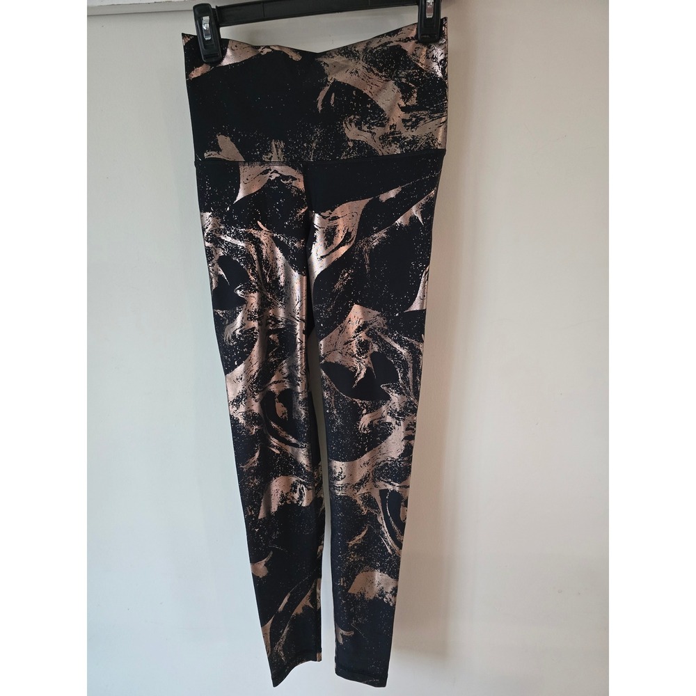 Old Navy Women Black Rose Gold Metallic Foil High Waisted Compression Leggings M
